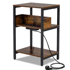 Sidebord med ladestation, 3-lags, rustik brun
