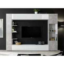 SIENNA TV vægsammensætning - Hvidlakeret og beton - L295 x D30 x H187 cm Blank vitlackerad och betongimitati