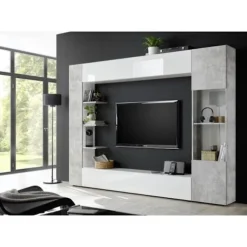 SIENNA TV vægsammensætning - Hvidlakeret og beton - L295 x D30 x H187 cm Blank vitlackerad och betongimitati