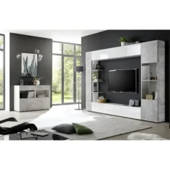 SIENNA TV vægsammensætning - Hvidlakeret og beton - L295 x D30 x H187 cm Blank vitlackerad och betongimitati