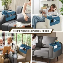 Silikone Sofakopholder - Skridsikker Sofa Armlæsbakke med Kopholder og 4 Lommer, Foldbar Sofa Armlæsbakke (Mørkeblå) Dark Blue
