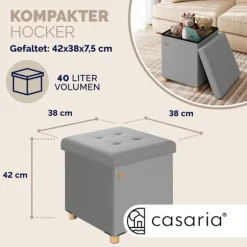Skammel grå fløjl 42x38x38cm foldbar