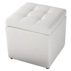 Skammel i imiteret læder med opbevaringsplads, 300 kg bæreevne, polstret sæde, hvid læder skammel 40 x 40 x 40 cm