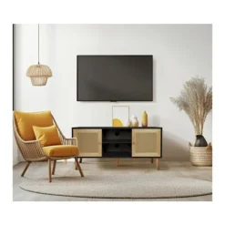 Skandinavisk TV-møbel i rattan "Iguane" - 120 x 30 x 56.5 cm - Sort svart