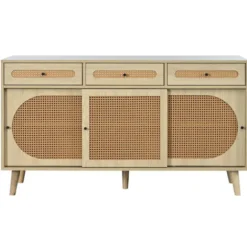 Skænk 140 cm lavet af træ med PE rattan døre, 3 skydedøre & 3 skuffer, med justerbare hylder Oak