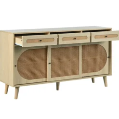 Skænk 140 cm lavet af træ med PE rattan døre, 3 skydedøre & 3 skuffer, med justerbare hylder Oak