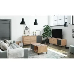 Skænk 2 låger 3 skuffer - Melamin spånplade - Eg og sort - BROOKLYN L 154 cm x D 41 cm x H 74 cm Nodi ek och antracitgrå