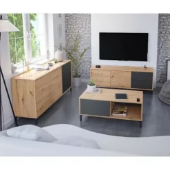 Skænk 2 låger 3 skuffer - Melamin spånplade - Eg og sort - BROOKLYN L 154 cm x D 41 cm x H 74 cm Nodi ek och antracitgrå