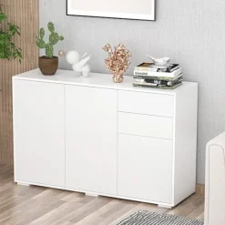 Skænk Hvid Kommode Med 2 Skuffer & 3 Låger, Multifunktionsskab, Arkivskab, 117X36X74Cm