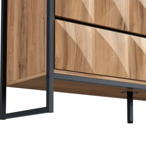 Skænk i sort og naturligt træ med metalben | Kommode med hævede låger | Opbevaringsmøbel Black + Natural