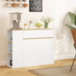 Skænk, køkkenskab med skuffe, justerbar hylde, opbevaringsskab med anti-tip beskyttelse, sideskab til køkken, spisestue, 105 x 30 x 81,5 cm hvid
