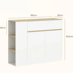 Skænk, køkkenskab med skuffe, justerbar hylde, opbevaringsskab med anti-tip beskyttelse, sideskab til køkken, spisestue, 105 x 30 x 81,5 cm hvid