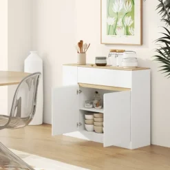 Skænk, køkkenskab med skuffe, justerbar hylde, opbevaringsskab med anti-tip beskyttelse, sideskab til køkken, spisestue, 105 x 30 x 81,5 cm hvid