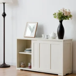 Skænk køkkenskab sideskab med skydelåger hvid/brun 106,5 x 33 x 60 cm-Beige