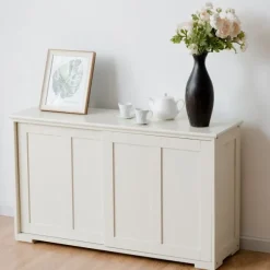 Skænk køkkenskab sideskab med skydelåger hvid/brun 106,5 x 33 x 60 cm-Beige