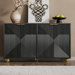 Skænk med 4 formede døre & kugleben, justerbare indvendige hylder & metalhåndtag, elegant Black