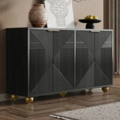 Skænk med 4 formede døre & kugleben, justerbare indvendige hylder & metalhåndtag, elegant Black