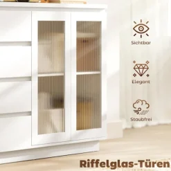 Skænk med 4 skuffer, 2 glasdøre, MDF, hvid