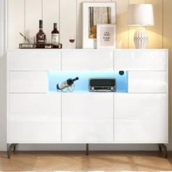 Skænk med LED-lysliste, 140x94cm, med 3 skuffer & 5 skabe, højglans hvid, 5 metalben, MDF White