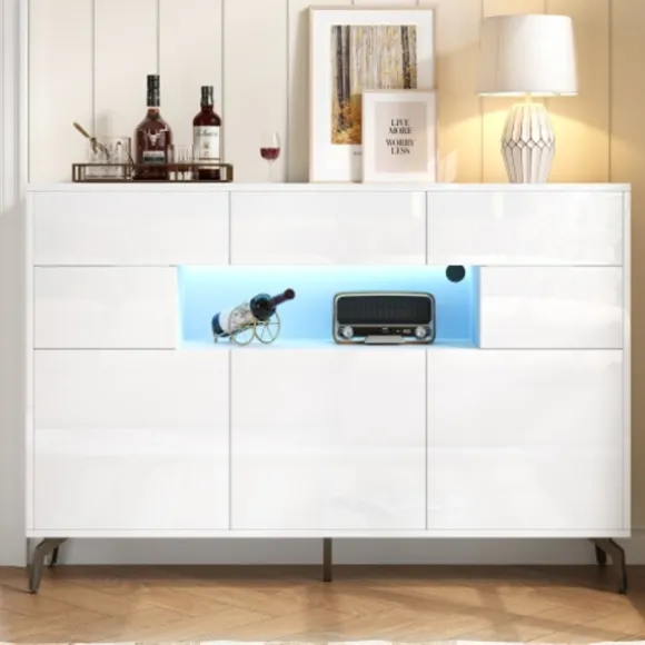 Skænk med LED-lysliste, 140x94cm, med 3 skuffer & 5 skabe, højglans hvid, 5 metalben, MDF White