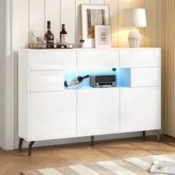 Skænk med LED-lysliste, 140x94cm, med 3 skuffer & 5 skabe, højglans hvid, 5 metalben, MDF White