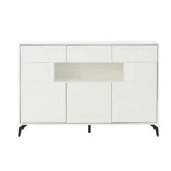 Skænk med LED-lysliste, 140x94cm, med 3 skuffer & 5 skabe, højglans hvid, 5 metalben, MDF White