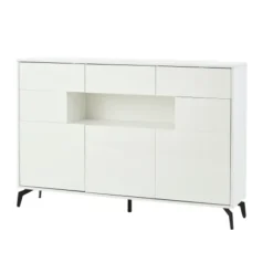 Skænk med LED-lysliste, 140x94cm, med 3 skuffer & 5 skabe, højglans hvid, 5 metalben, MDF White