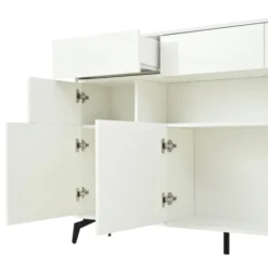 Skænk med LED-lysliste, 140x94cm, med 3 skuffer & 5 skabe, højglans hvid, 5 metalben, MDF White