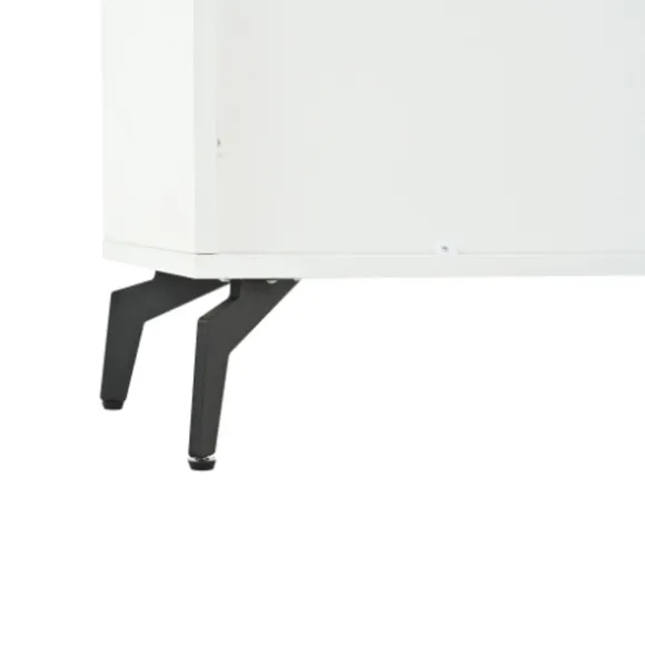 Skænk med LED-lysliste, 140x94cm, med 3 skuffer & 5 skabe, højglans hvid, 5 metalben, MDF White