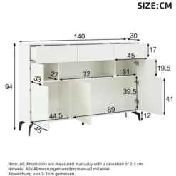 Skænk med LED-lysliste, 140x94cm, med 3 skuffer & 5 skabe, højglans hvid, 5 metalben, MDF White