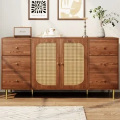 Skænk med rattan og skuffe, opbevaringsskab 160x40x90cm, til køkken og stue, brun Oak color