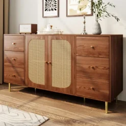 Skænk med rattan og skuffe, opbevaringsskab 160x40x90cm, til køkken og stue, brun Oak color