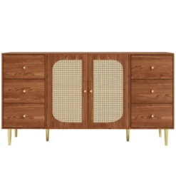 Skænk med rattan og skuffe, opbevaringsskab 160x40x90cm, til køkken og stue, brun Oak color