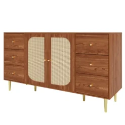 Skænk med rattan og skuffe, opbevaringsskab 160x40x90cm, til køkken og stue, brun Oak color