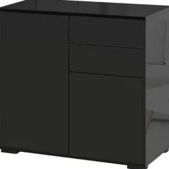 Skænk Sort Opbevaringsskab Med 2 Skuffer & 2 Døre, Vippebeskyttelse, Til Stue/Soveværelse, 117X36X74Cm