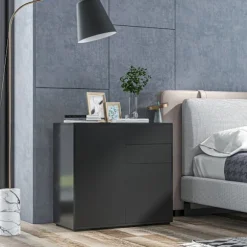 Skænk Sort Opbevaringsskab Med 2 Skuffer & 2 Døre, Vippebeskyttelse, Til Stue/Soveværelse, 117X36X74Cm