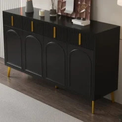 Skænk 140x82cm med guldhåndtag & ben, 4 døre og 4 skuffer, aftagelige hylder Black