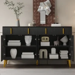 Skænk 140x82cm med guldhåndtag & ben, 4 døre og 4 skuffer, aftagelige hylder Black