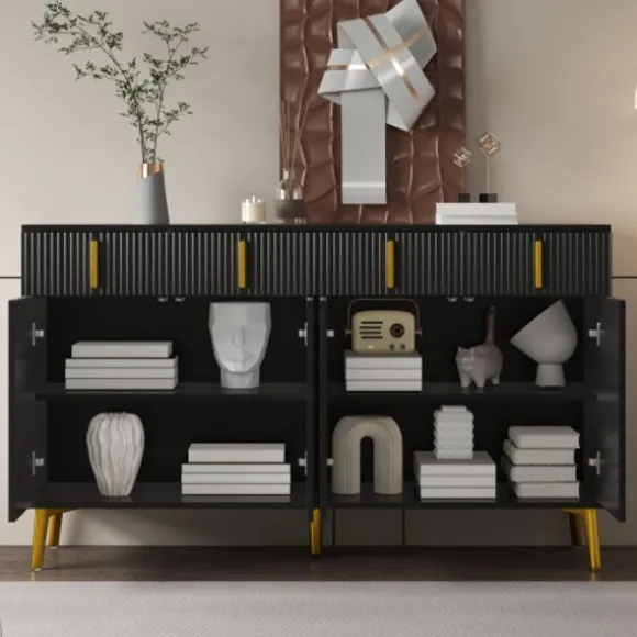 Skænk 140x82cm med guldhåndtag & ben, 4 døre og 4 skuffer, aftagelige hylder Black
