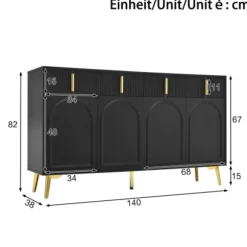 Skænk 140x82cm med guldhåndtag & ben, 4 døre og 4 skuffer, aftagelige hylder Black