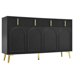 Skænk 140x82cm med guldhåndtag & ben, 4 døre og 4 skuffer, aftagelige hylder Black