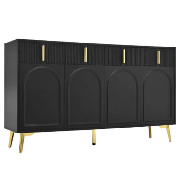 Skænk 140x82cm med guldhåndtag & ben, 4 døre og 4 skuffer, aftagelige hylder Black