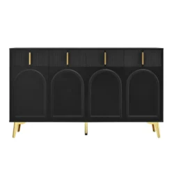 Skænk 140x82cm med guldhåndtag & ben, 4 døre og 4 skuffer, aftagelige hylder Black