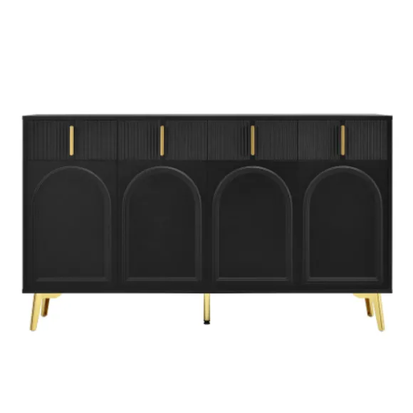 Skænk 140x82cm med guldhåndtag & ben, 4 døre og 4 skuffer, aftagelige hylder Black