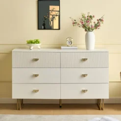 Skænk 120x40x75 cm med 6 skuffer - Hvid/Guld, MDF & stål, til stue & soveværelse White