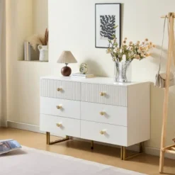 Skænk 120x40x75 cm med 6 skuffer - Hvid/Guld, MDF & stål, til stue & soveværelse White