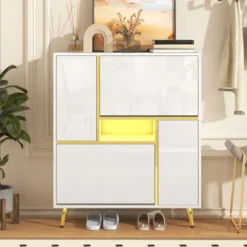 Skoskab hvid 80x25x96 cm med 16-farvet LED-belysning og højglans front White