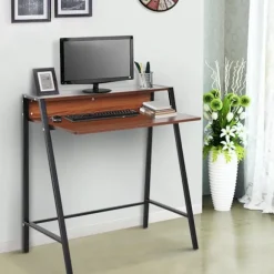 Skrivebordscomputerbord Med Opbevaringsrum Og Kabelgennemgang, Metal Valnød, 84X45X85 Cm, Ideel Til Hjemmekontor