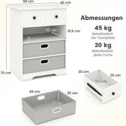 4-skuffers kommode med åbne hylder, hvid, 58x42x75 cm