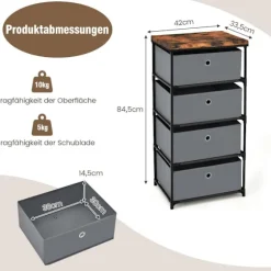 4-skuffers stofkommode til opbevaring i soveværelset, 42x33,5x84,5 cm, grå